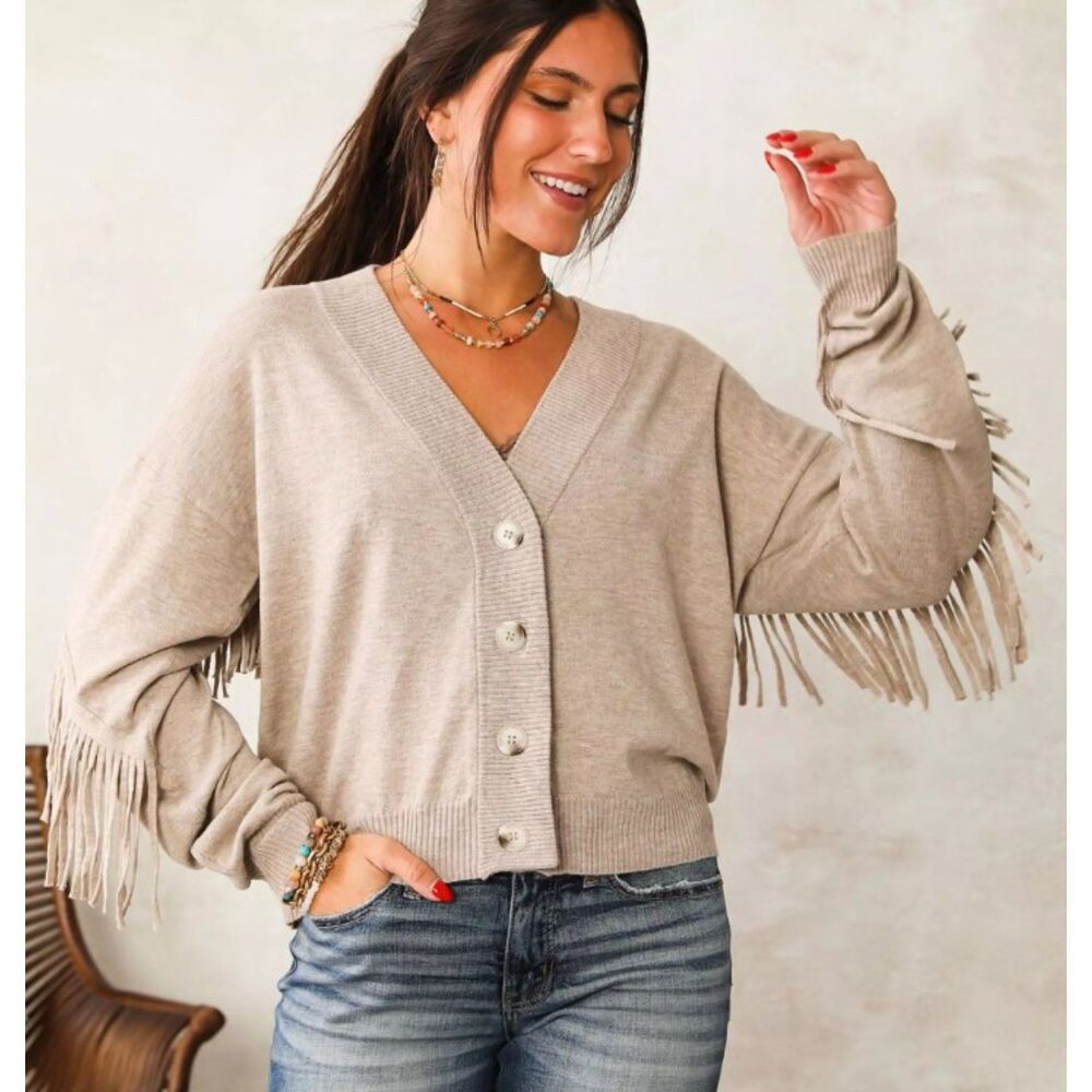 WILLOW ROOT Taupe Brown Sz XS Soft Stretchy Lightweight Fringed Cardigan Sweater